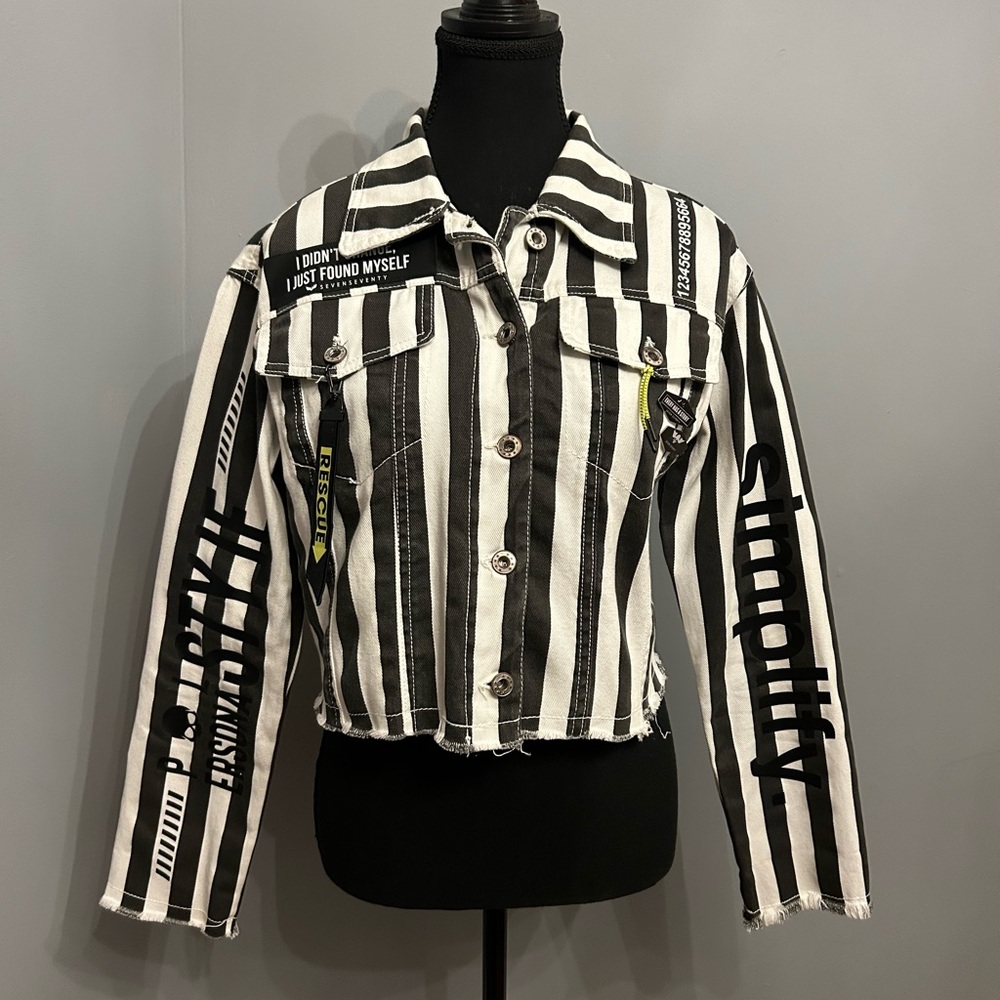 Seven Seventy Handmade Cropped Black and White Striped Denim Jacket, size S